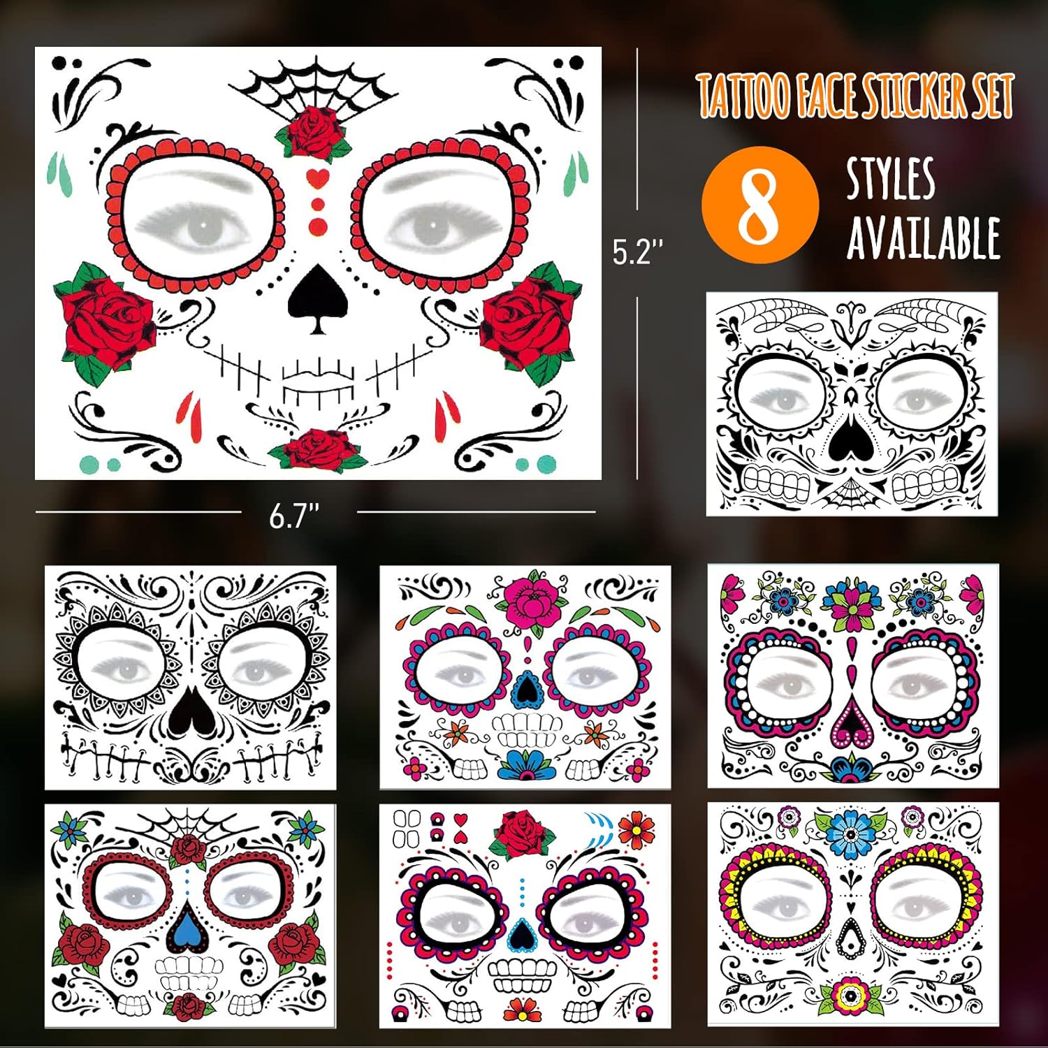 8 Pack Day of The Dead Sugar Skull Face Temporary Tattoo Halloween Makeup Tattoo Stickers for Halloween Masquerade Party - Image 6