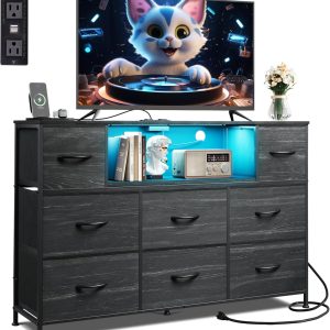 WLIVE Black TV Stand for 45, 50, 55 inch TV, Entertainment Center with LED Lights & Charging Station, TV Media Console Table with 8 Fabric Drawers and Open Shelves for Living Room, Hallway, Wood Top