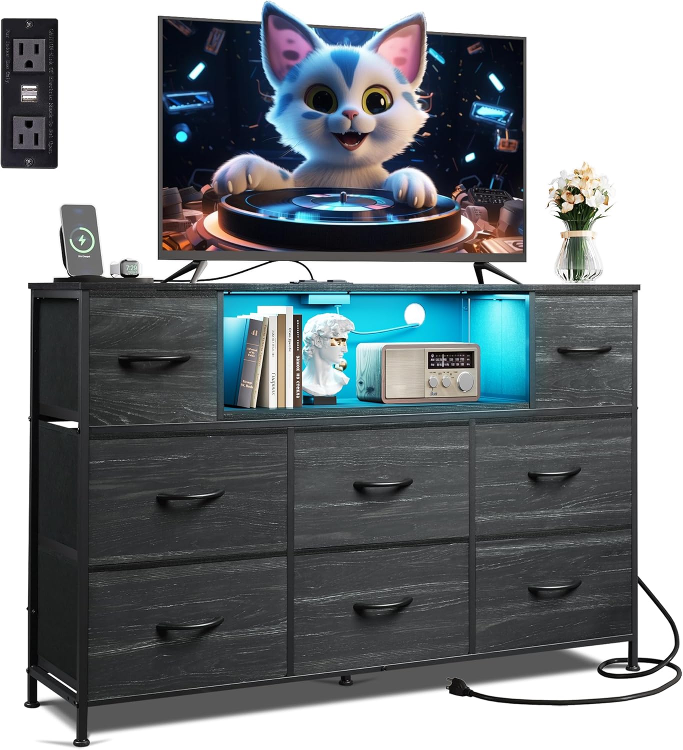 WLIVE Black TV Stand for 45, 50, 55 inch TV, Entertainment Center with LED Lights & Charging Station, TV Media Console Table with 8 Fabric Drawers and Open Shelves for Living Room, Hallway, Wood Top