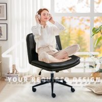 URRED Criss Cross Office Chair, Cross Legged Office Seat with Wheels Armless Swivel Vanity Chair, Height Adjustable Wide Computer Task Seating for Home Office (Black) - Image 4