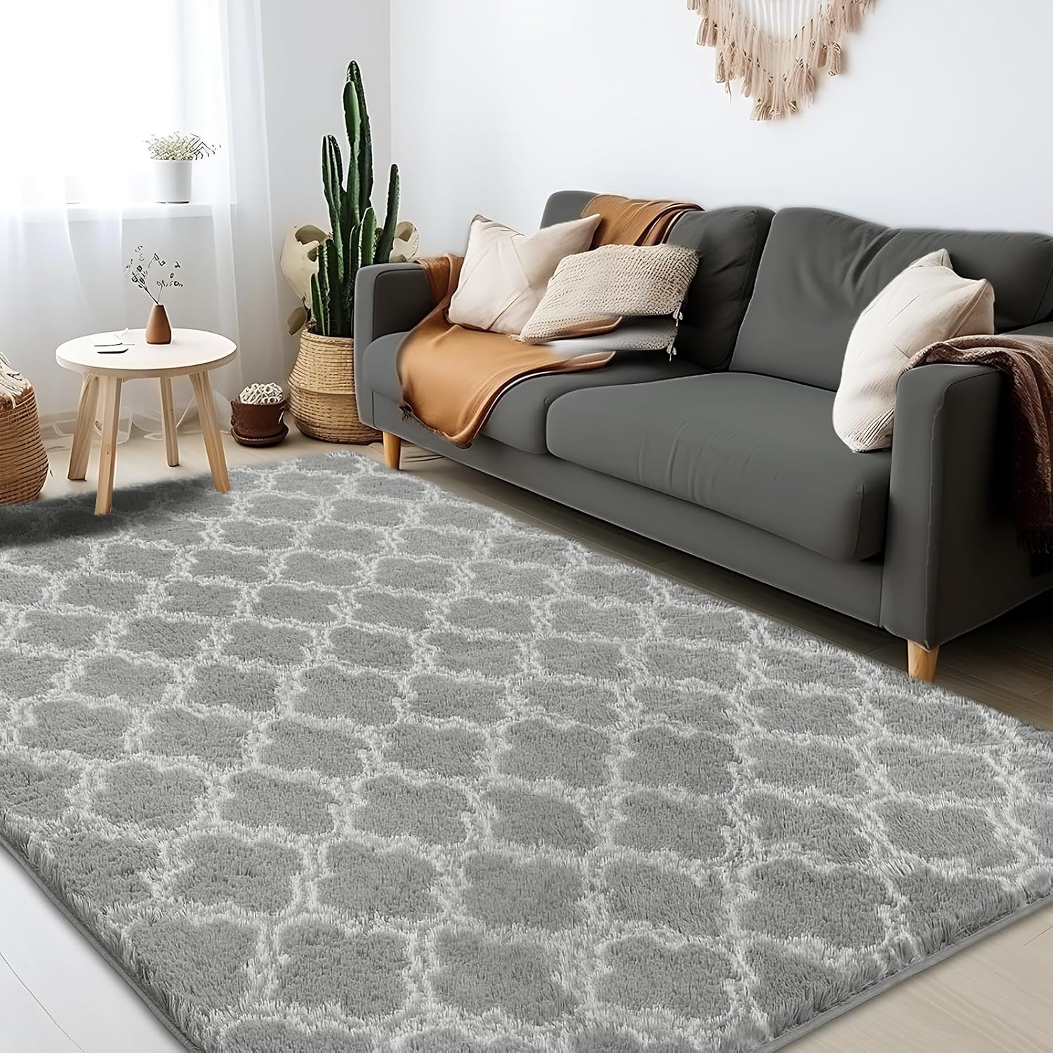 Shag Area Rug 5x7 Feet Extra Soft Rugs for Living Room, High Pile Indoor Carpet for Bedroom, Kids Room, Nursery, Home Decor, Geometric, Light Grey/White - Image 2