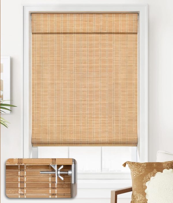 LazBlinds No Tools No Drill Cordless Bamboo Roman Shades, Custom Light Filtering Window Treatment, Roll Up Bamboo Blinds for Windows, Brown206