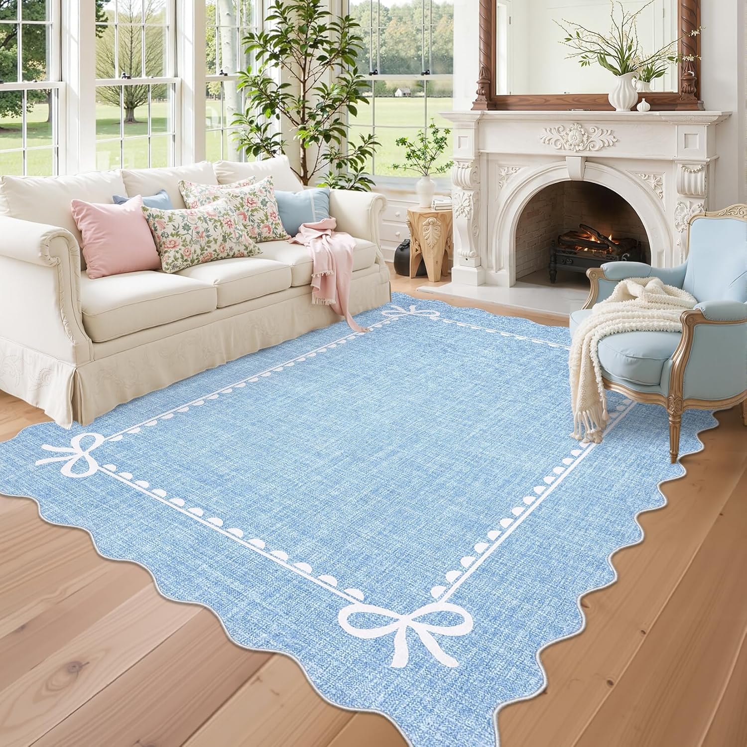 GarveeHome Scalloped Bow Rug for Living Room, Solid Blue Rug for Dorm, Washable Rugs 5x7 Soft Low Pile Non Slip Scalloped Rugs for Nursery College Bedroom Decor Kids Room Playroom
