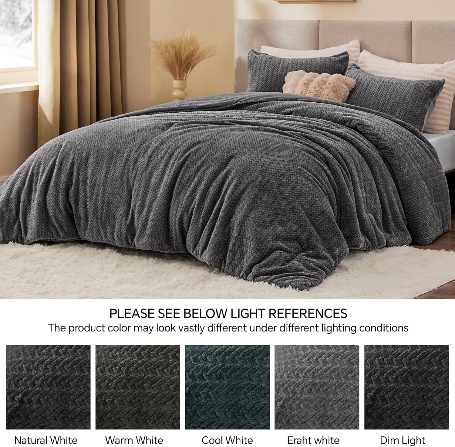 Fluffy Comforter King Set - Furry Grey Leaves Pattern Faux Fur Bed Set, Winter Ultra Soft Fuzzy Comfort Set, Velvet Bedding Set for Bed with 2 Pillow Cases - Image 5