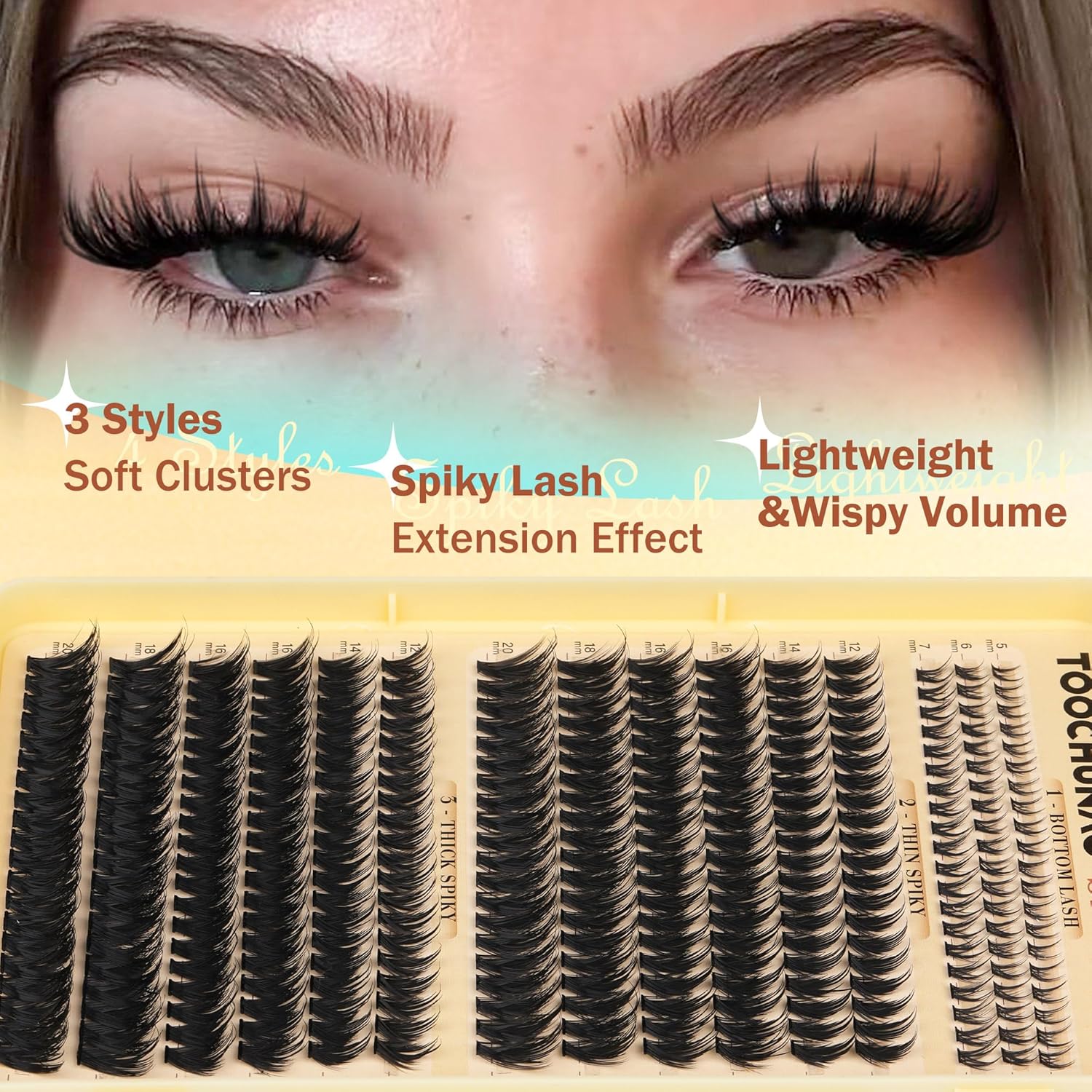 Spiky Manga Lash Clusters 12-20mm Long Eyelash Clusters 80D+100D Cluster Eyelash Extensions with Bottom Lashes Individual Fairy 300pcs Thick Volume DIY Plume Flake Cluster Lash Extension by TOOCHUNAG - Image 4
