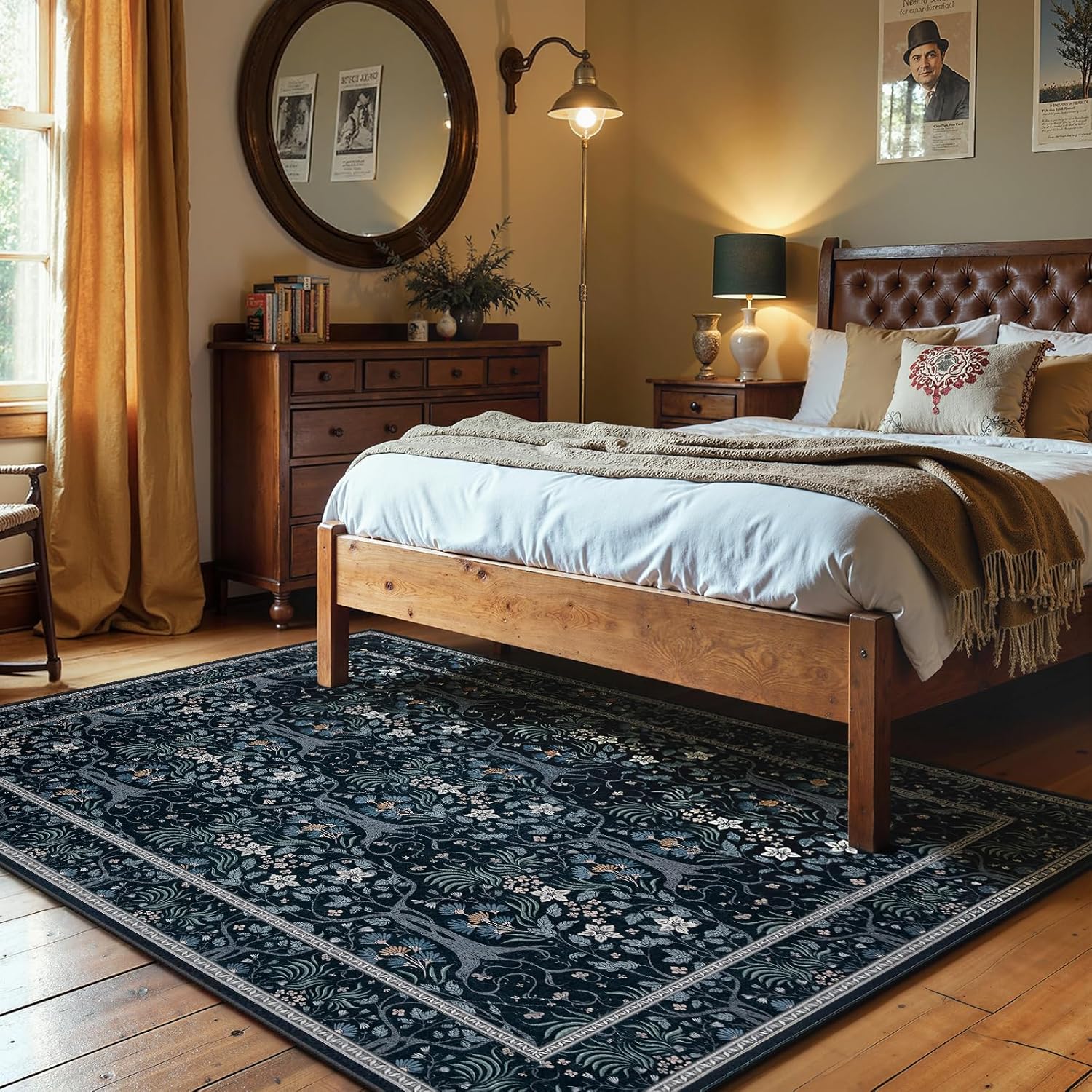 Joydeco Machine Washable Area Rugs 5x7, Boho Floral Rug for Bedroom Non Slip, Soft Forest Botanical Low-Pile Floor Indoor Throw Carpet for Living Dining Room Dorm Office, Blue-Black - Image 2