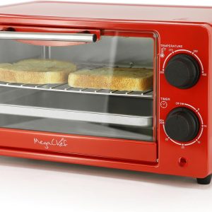 MegaChef 9.5 Quart Electric Counter Top 2 Slice Toaster Oven with Built in Timer, Bake, Broil, Toast (Candy Red)