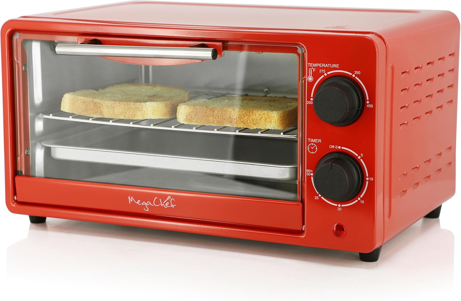 MegaChef 9.5 Quart Electric Counter Top 2 Slice Toaster Oven with Built in Timer, Bake, Broil, Toast (Candy Red)