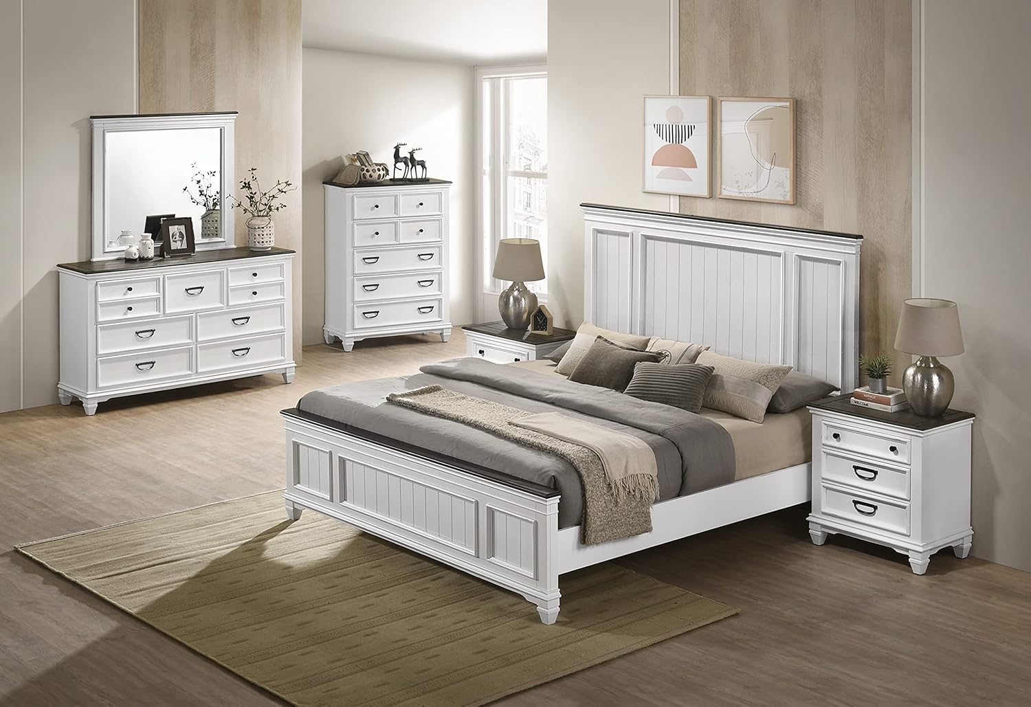 Roundhill Furniture Clelane Wood Bedroom Set with Shiplap Panel Queen Bed, Dresser, Mirror, Two Nightstands, and Chest in Weathered White and Dark Gray - Image 2