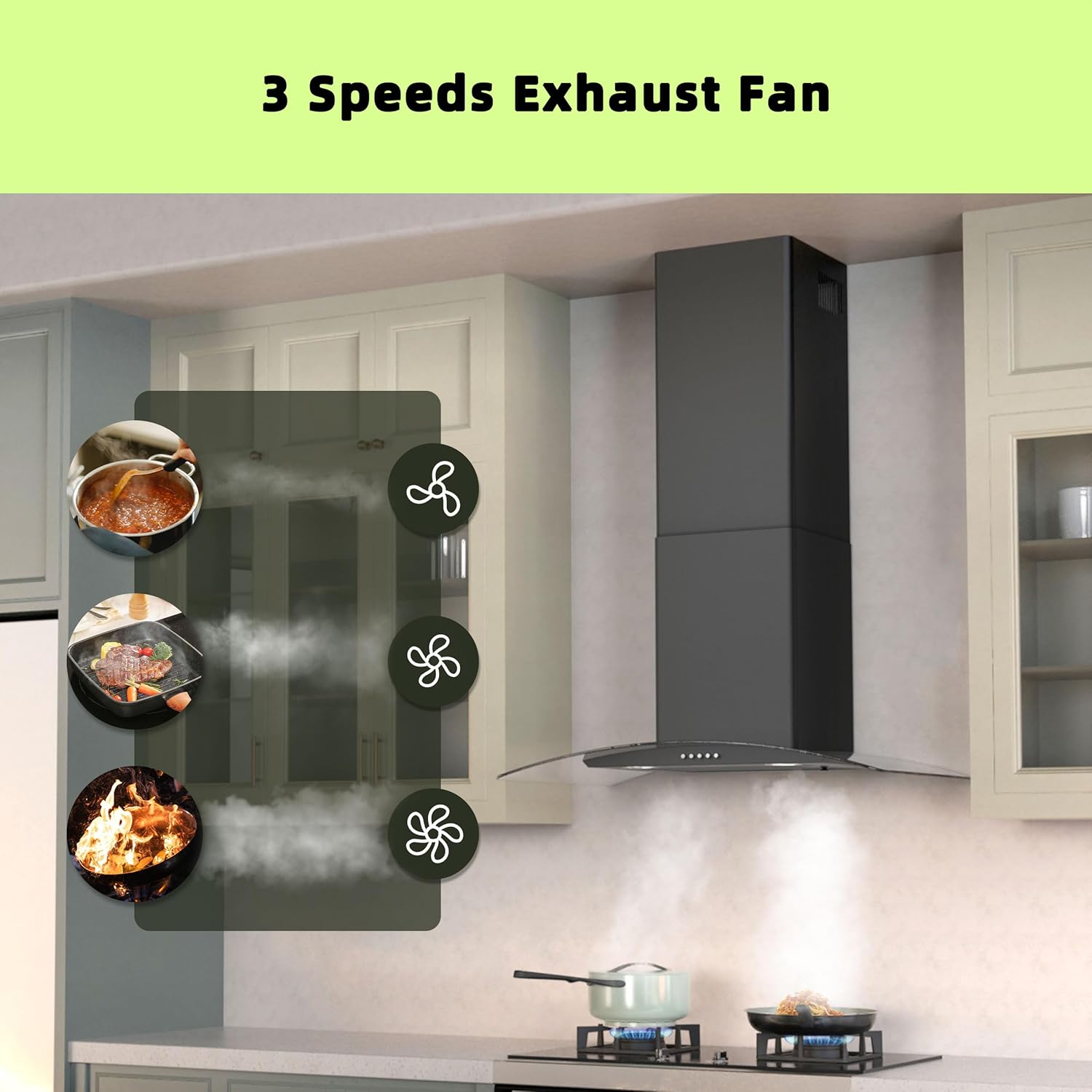 FIREGAS Wall Mount Range Hood 30 inch with 3 Speed Fan,black range hood with tempered glass,400CFM,Push Button Controls, LED Lighting, Permanent Filters in Stainless Steel,includes 2 Charcoal Filters - Image 3