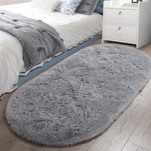 LOCHAS Bedroom Rug 2.6' x 5.3', Gray Fluffy Shaggy Area Rug for Bedroom Bedside, Soft Oval Throw Rugs Carpet for Kids Girls Nursery Living Room Home Decor