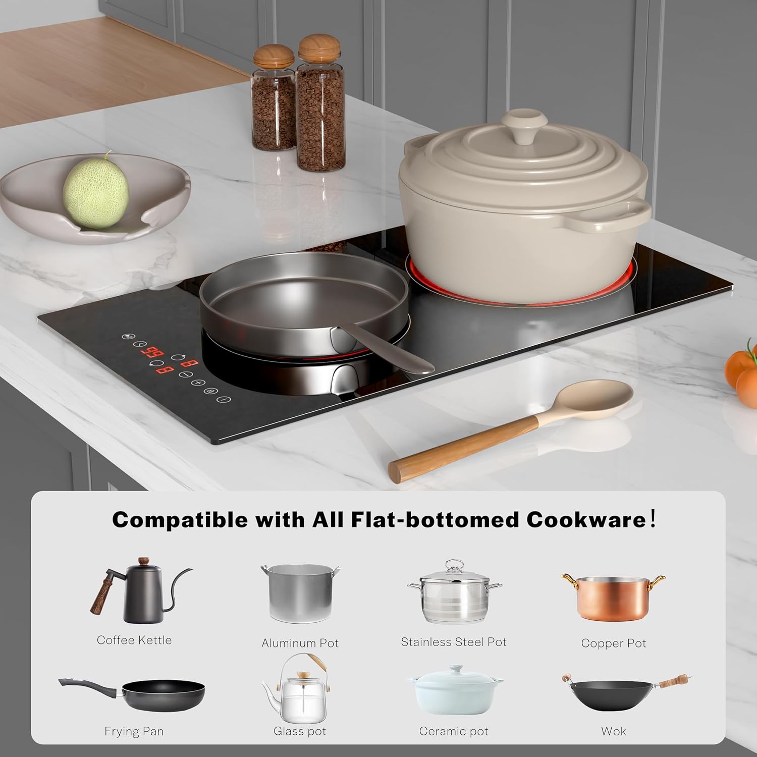 Empava 12 Inch Built-in Electric Cooktop with 2 Burners, Touch Control, Individual Timers, Stop & Go, Child Lock, Flush Mount Design, ETL Certified, 1200W & 1800W Zones, Hard Wired(No Plug) - Image 4