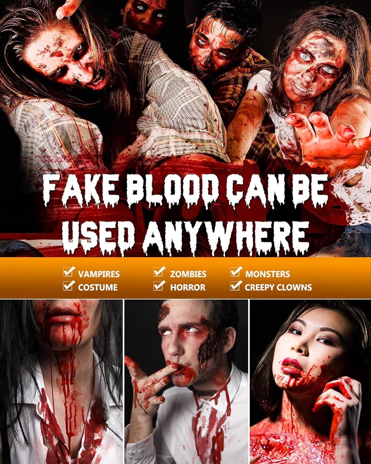 Halloween Fake Blood Spray 2.03oz + Dripping Blood 2.03oz+Coagulated Blood 1.06oz Washable Realistic Fake Blood for Clothes Sfx Special Effects Makeup Kit for Vampire Zombie (3Red) - Image 3