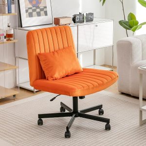 Criss Cross Chair with Wheels, Cross Legged Office Chair, Wide Comfty Velvet Armless Vanity Desk Chair with Back, Swivel Height Ajustable for Home Office Bedroom (Velvet, Orange)