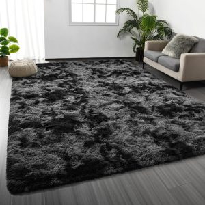 Large Shag Area Rugs 5 x 8, Tie-Dyed Plush Fuzzy Rugs for Living Room, Ultra Soft Fluffy Furry Rug for Bedroom, Indoor Carpet Nursery Rugs for Kids Room Home Decor, Dark Grey