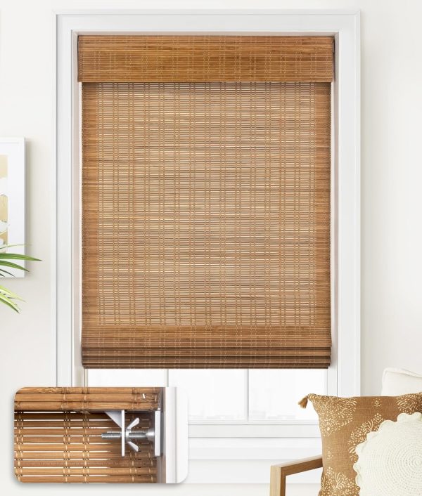 LazBlinds No Tools No Drill Cordless Bamboo Roman Shades, Custom Light Filtering Window Treatment, Roll Up Bamboo Blinds for Windows, Ceylon Light Russe