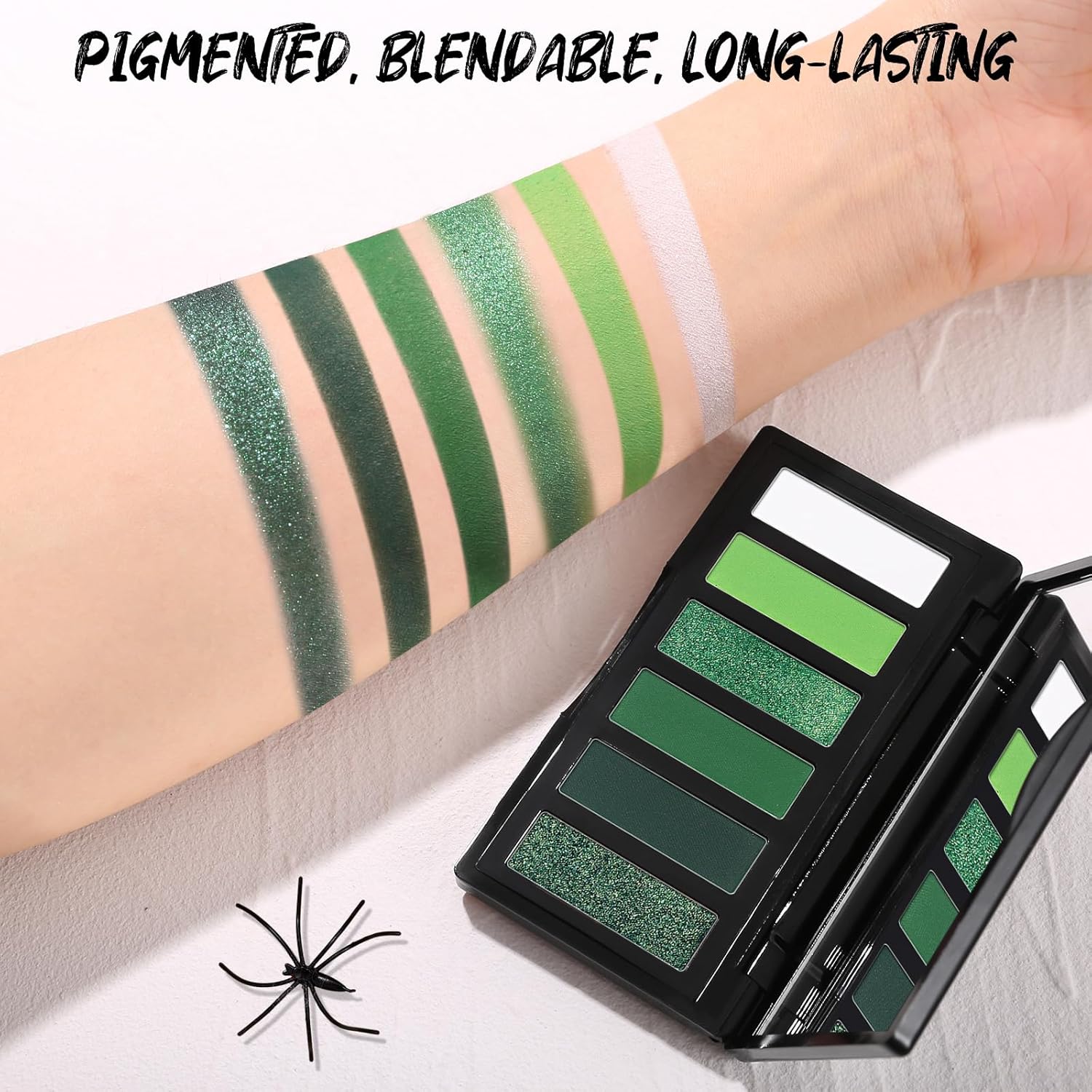 Green Eyeshadow Palette with Mirror Lime Forest Emerald Tones Matte Shimmer 6 Colors Mini Eye Shadow Pallet Travel Size Highly Pigmented for Goth Fairy Joker Wicked Halloween Parties Makeup - Image 3
