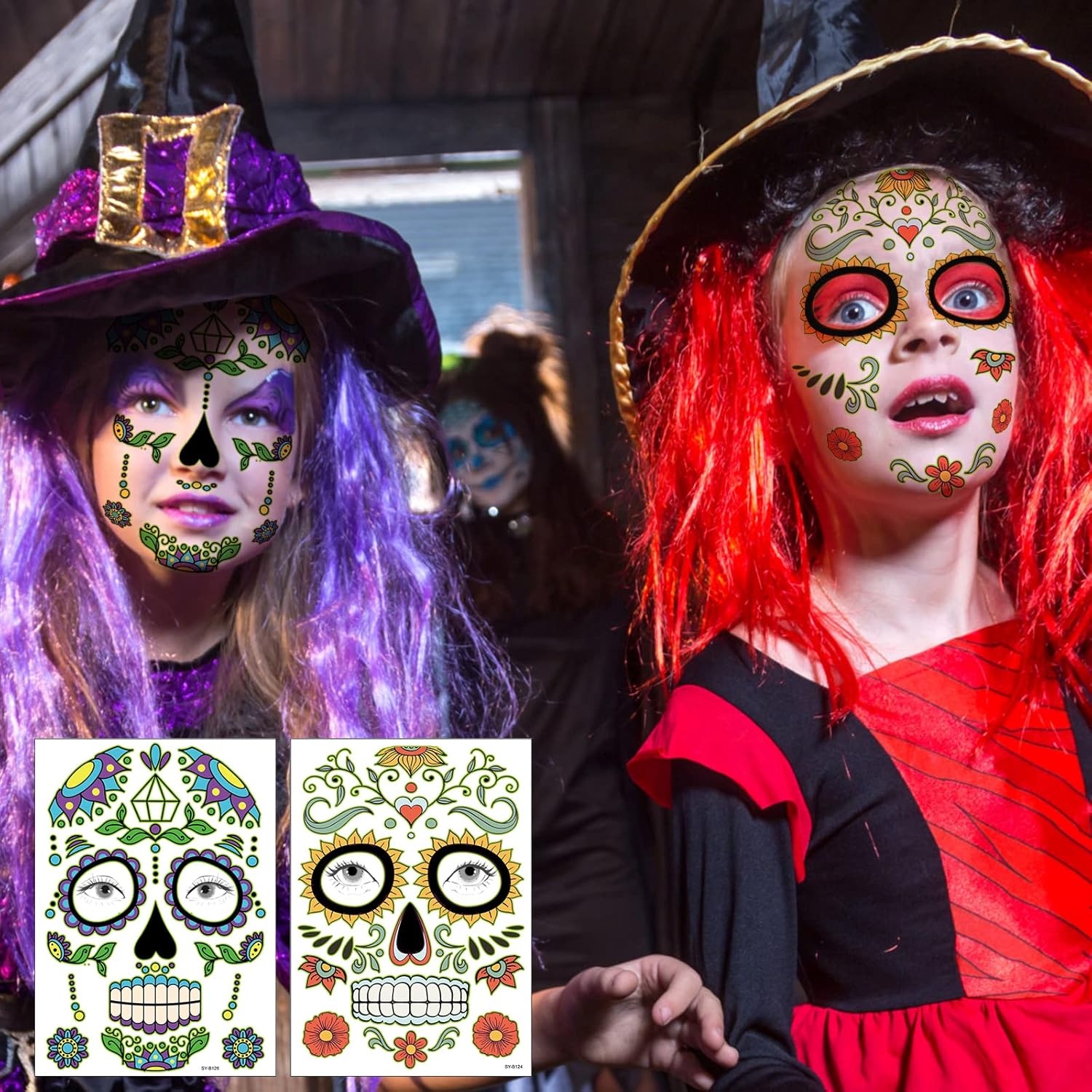 Day of the Dead Face Tattoos Makeup Kit, 10 Pack Halloween Sugar Skull Red Roses Temporary Tattoos for Adults Women Men Kids, DIY Skull Full Face Mask Stickers for Halloween Party Cosplay Supplies - Image 9