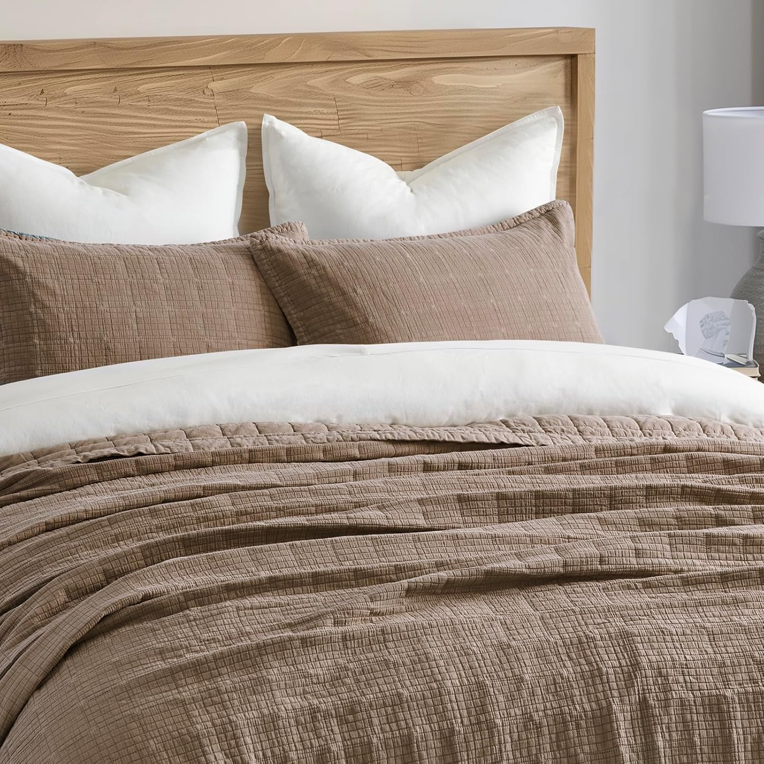 EVERGRACEHOME Stonewashed Cotton Quilt Set King Size, Ultra Soft Oversized Bedspread Coverlet Set, Lightweight Crinkle Box Stitch Bedding Sets for All Season, with 2 Shams, Mocha Brown - Image 4