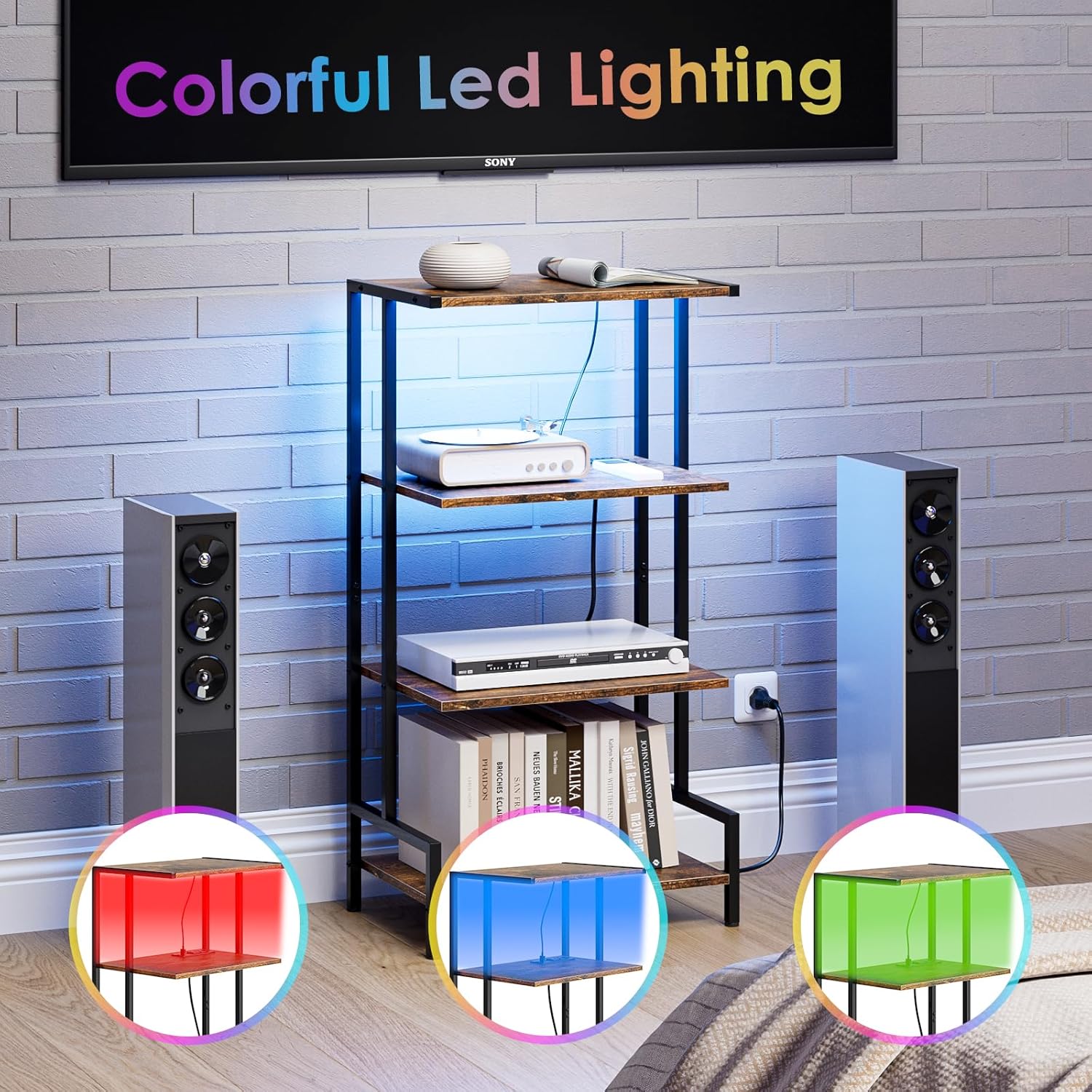 4-Tier AV Media Stand with Power Outlet and LED Lights,Wooden Stereo Stand Cabinet,Game Console Shelf for Small Space,Audio Rack Stand Tower Ideal for Video DVD Players,Xbox - Image 6