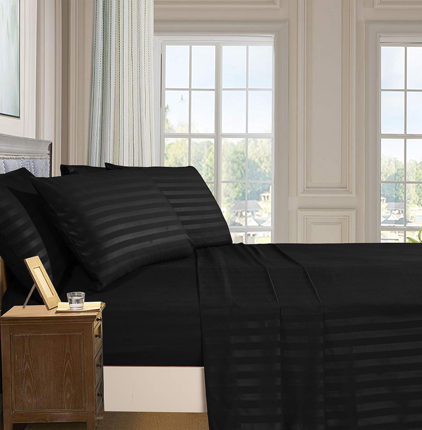 Elegant Comfort Best, Softest, Coziest 6-Piece Sheet Sets! - 1500 Premier Hotel Quality Luxurious Wrinkle Resistant 6-Piece Damask Stripe Bed Sheet Set, Queen Black - Image 2