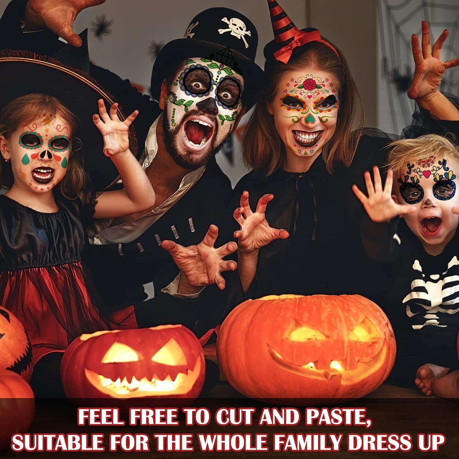 Day of the Dead Face Tattoos Makeup Kit, 10 Pack Halloween Sugar Skull Red Roses Temporary Tattoos for Adults Women Men Kids, DIY Skull Full Face Mask Stickers for Halloween Party Cosplay Supplies - Image 6