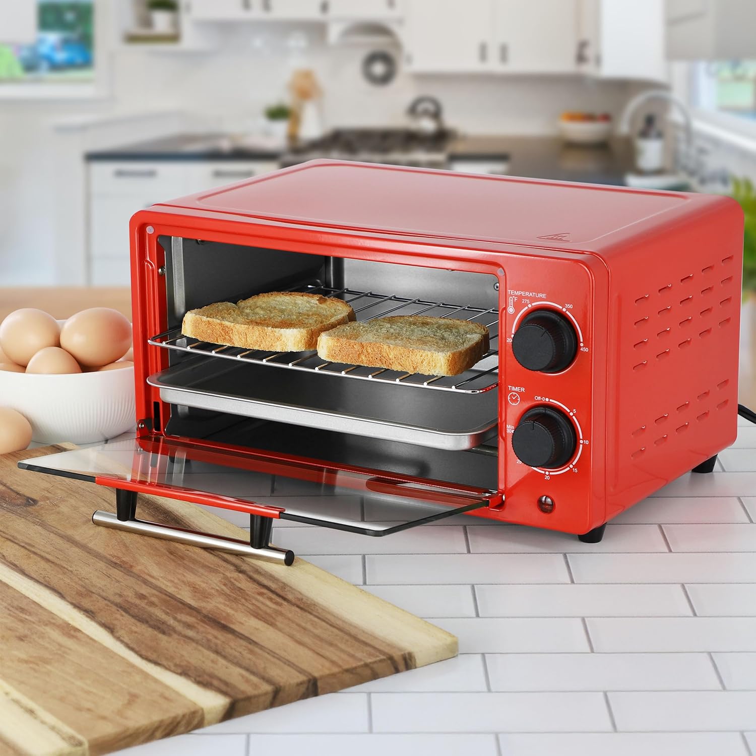 MegaChef 9.5 Quart Electric Counter Top 2 Slice Toaster Oven with Built in Timer, Bake, Broil, Toast (Candy Red) - Image 7