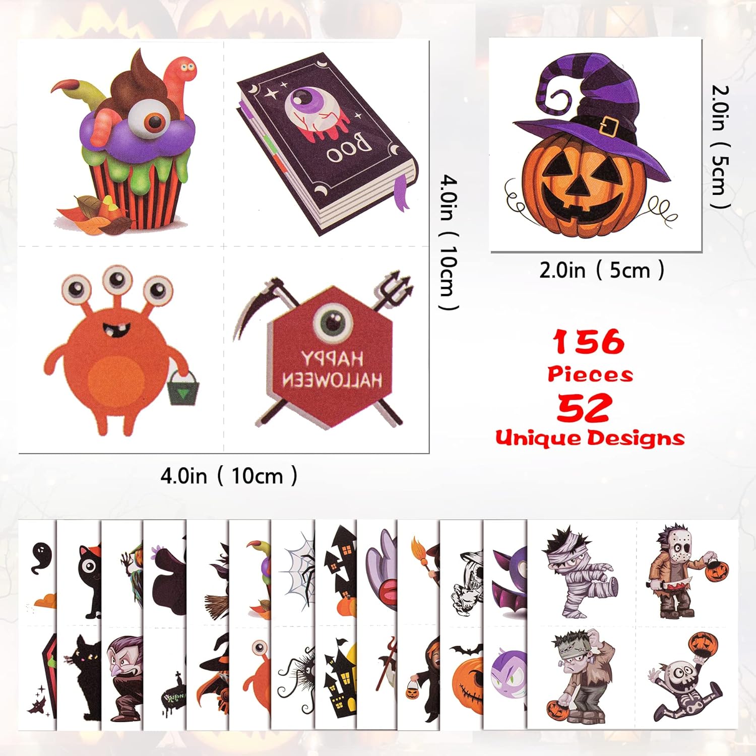 156 PCS Halloween Temporary Tattoos for Kids in 52 Unique Designs - 2 Inch Bulk Halloween Assorted Waterproof Fake Pumpkin Temp Tattoo Sticker for Boys Girls Goody Bag Stuffers Prizes Party Favors - Image 5
