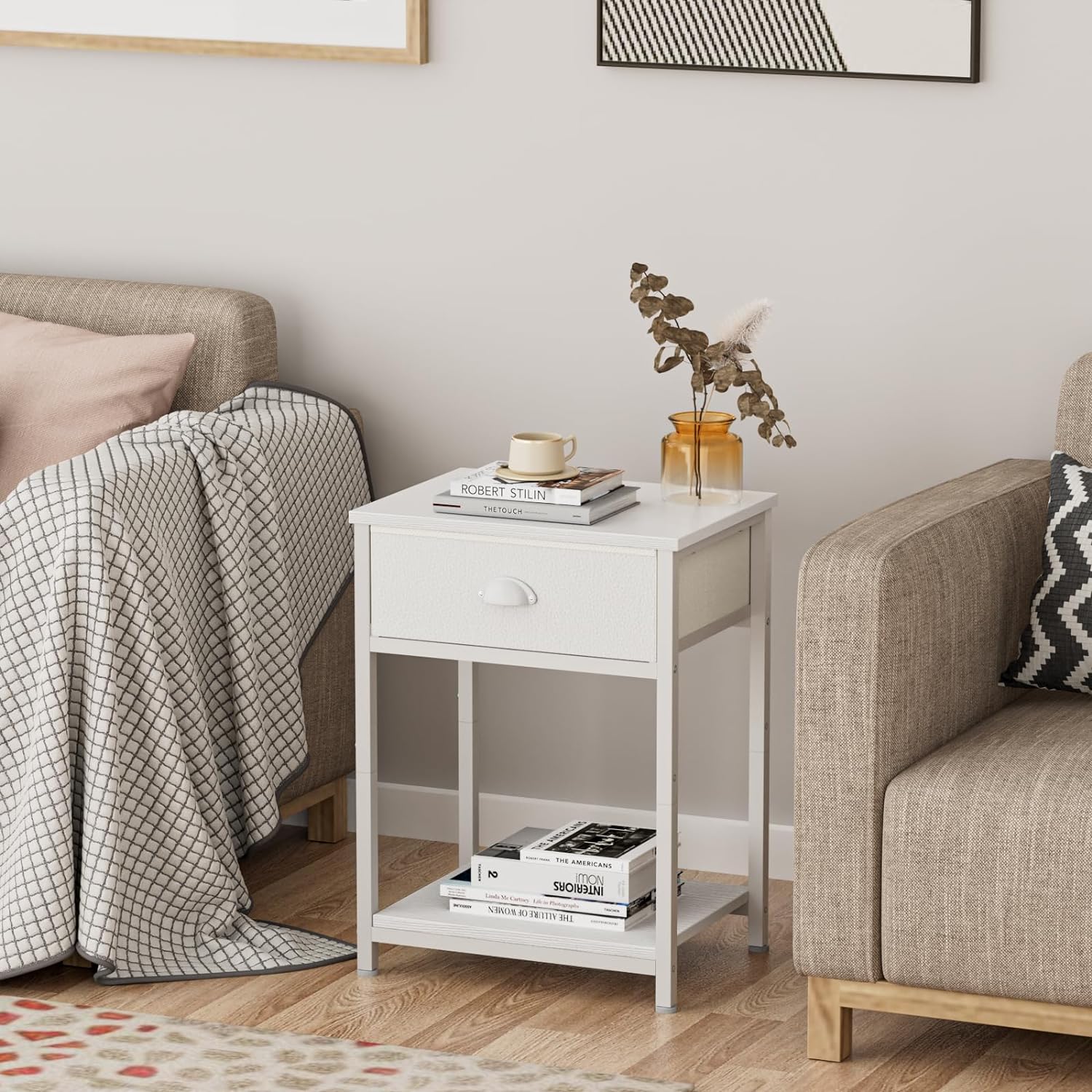 Furologee White Nightstands Set of 2, End Table with Fabric Drawer, Small Side Table for Small Spaces, 2 Tiers Storage Shelves End Table, Bedside Table for Living Room, Bedroom, Dorm - Image 4