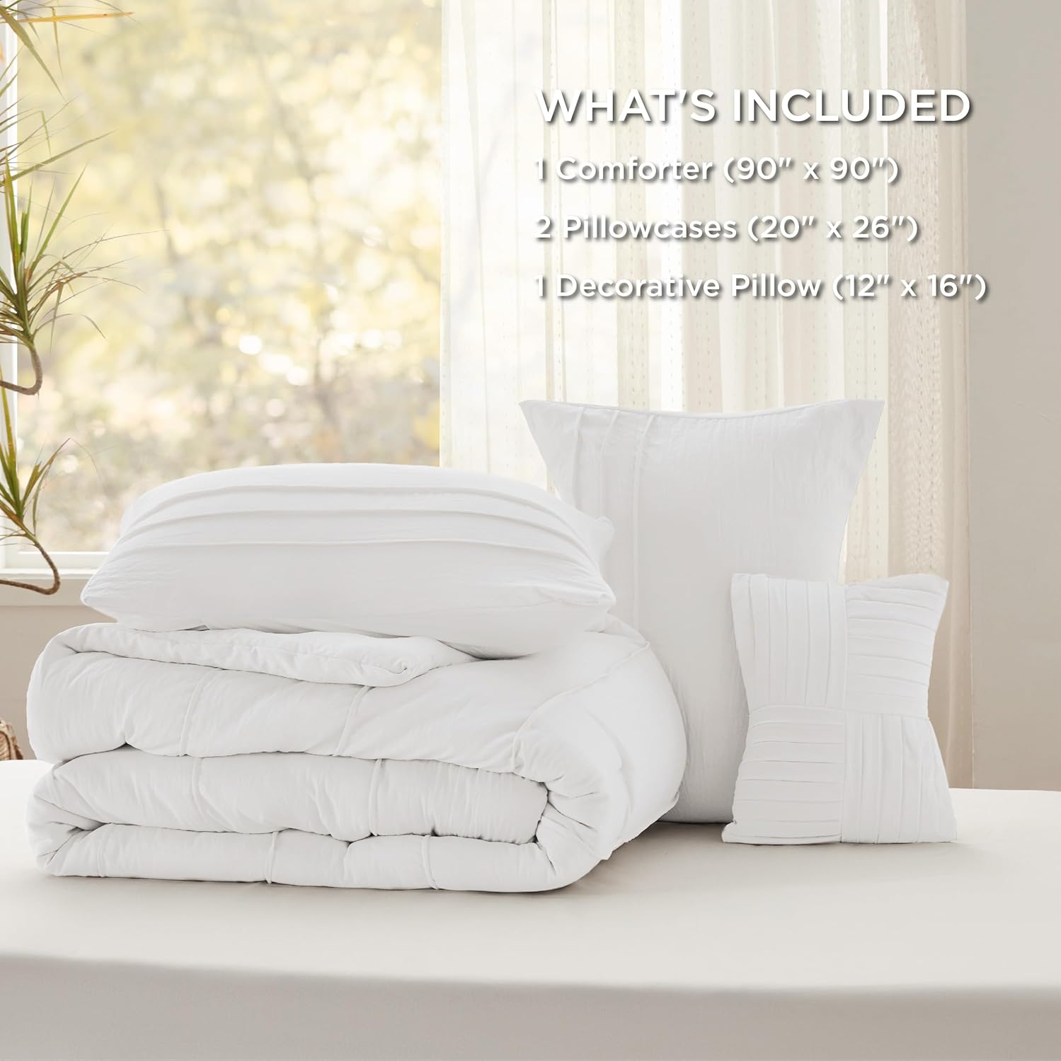 Bedsure White Queen Comforter Set - 4 Pieces Pinch Pleat Bed Set, Down Alternative Bedding Sets for All Season, 1 Comforter, 2 Pillowcases, 1 Decorative Pillow - Image 6