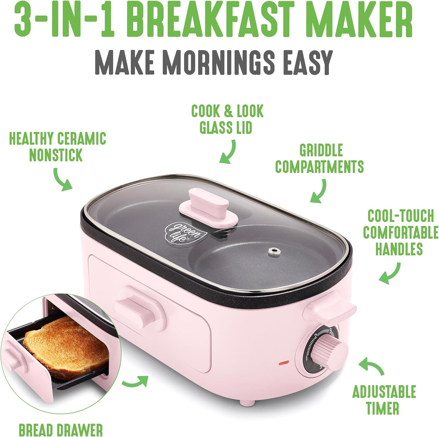 GreenLife 3-in-1 Breakfast Maker Station, Healthy Ceramic Nonstick Dual Griddles for Eggs Meat Sausage Bacon Pancakes and Breakfast Sandwiches, 2 Slice Toast Drawer, Easy-to-use Timer, Pink - Image 3