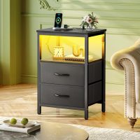 Huuger Night Stand with Charger Station and LED Lights, 2 Drawer Nightstand, Bed Side Table with Open Shelf, End Table, Fabric Dresser for Bedroom, Black - Image 2