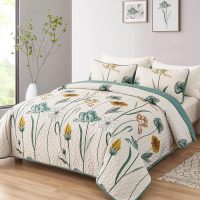 WONGS BEDDING Floral Quilt Set Queen,Green Yellow Floral Botanical Bedspread Bedding Set with 2 Pillowcase,Lightweight Spring Farmhouse Coverlet Set for All Season (96"x90") - Image 2