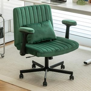 Criss Cross Legged Office Chair with Flip-UP Arms and Wheels,Wide Office Chair with Pillow, Modern Cross-Leg Chair for Home Office, Apartment, Vanity, Ergonomic (Green)