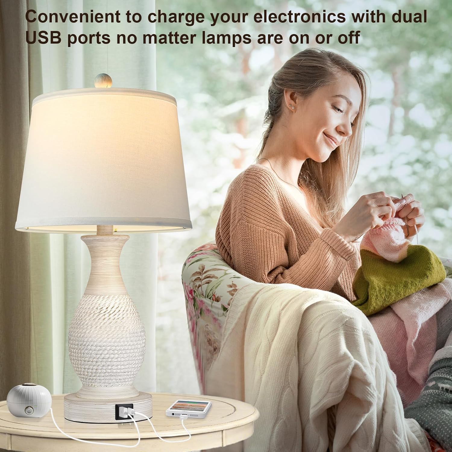 PARTPHONER Table Lamps Set of 2, Bedside Touch Lamp with USB C+A Charging Ports, Side Table Lamp with White Fabric Shade (LED Bulbs Included) - Image 5