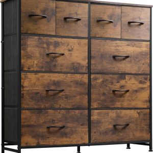 WLIVE Dresser for Bedroom with 10 Drawers, Wide Fabric Dresser for Storage and Organization, Bedroom Dressers, Chest of Drawers for Living Room, Closet, Hallway, Rustic Brown Wood Grain Print
