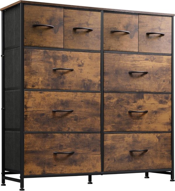 WLIVE Dresser for Bedroom with 10 Drawers, Wide Fabric Dresser for Storage and Organization, Bedroom Dressers, Chest of Drawers for Living Room, Closet, Hallway, Rustic Brown Wood Grain Print