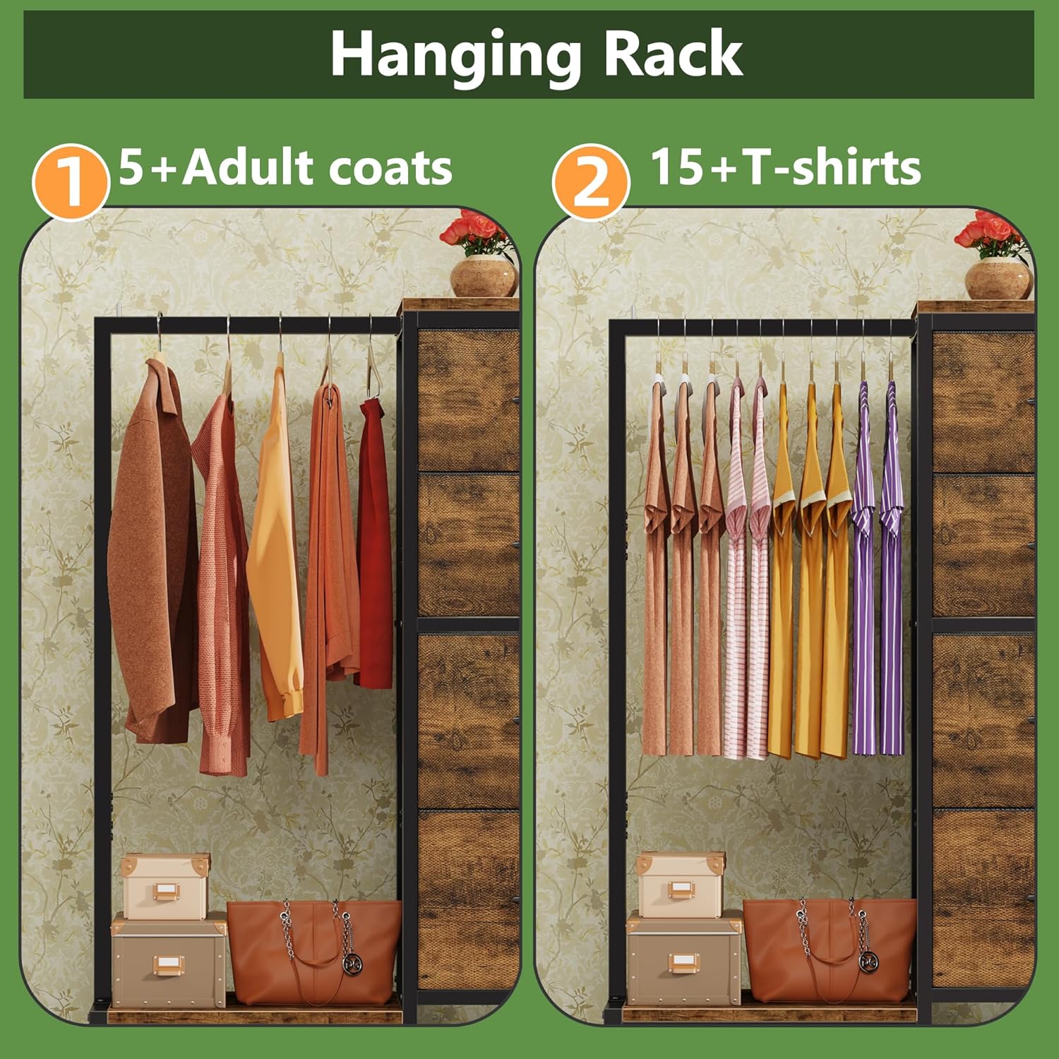 Dresser with Hanging Rack, 4 Drawers Small Closet for Bedroom, Reversible Fabric Kids Chest of Drawers with Clothes Rack, Tall Storage Tower, Sturdy Frame, Rustic Brown, 44''H - Image 5