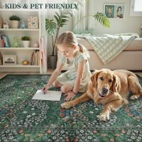 Lahome Floral Washable Rugs 5x7, Soft Green Rugs for Bedroom Living Room, Boho Non Slip Low Pile Forest Stain Resistance Large Throw Carpet for Farmhouse Dining Room Office, Dark Green - Image 5