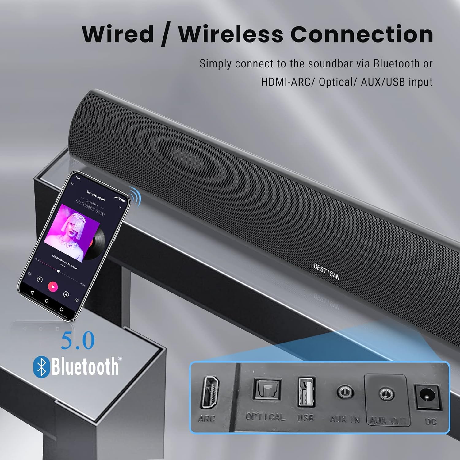 Sound Bar, Bestisan 80W Home Theater Soundbar System with HDMI-ARC Function, Wired and Wireless Bluetooth 5.0 Audio Speaker (Treble/Bass Adjustable,34-Inch, Wall mountable) - Image 4