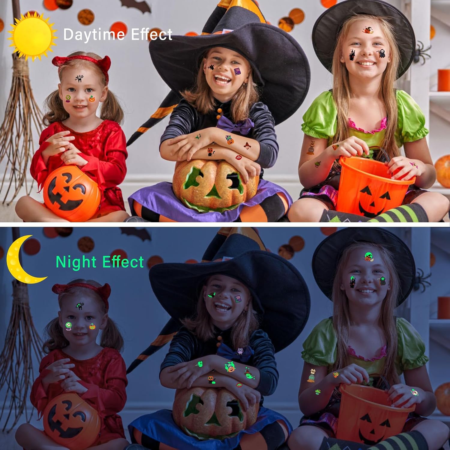 Halloween Tattoos for Kids, 35 Sheets 350+ Fun Style, Glow in the Dark Temporary Tattoos for Boys and Girls Featuring Theme Pumpkin, Skulls, Ghost, Bats, Spider, Skeleton etc, Halloween Gifts for Kids - Image 4