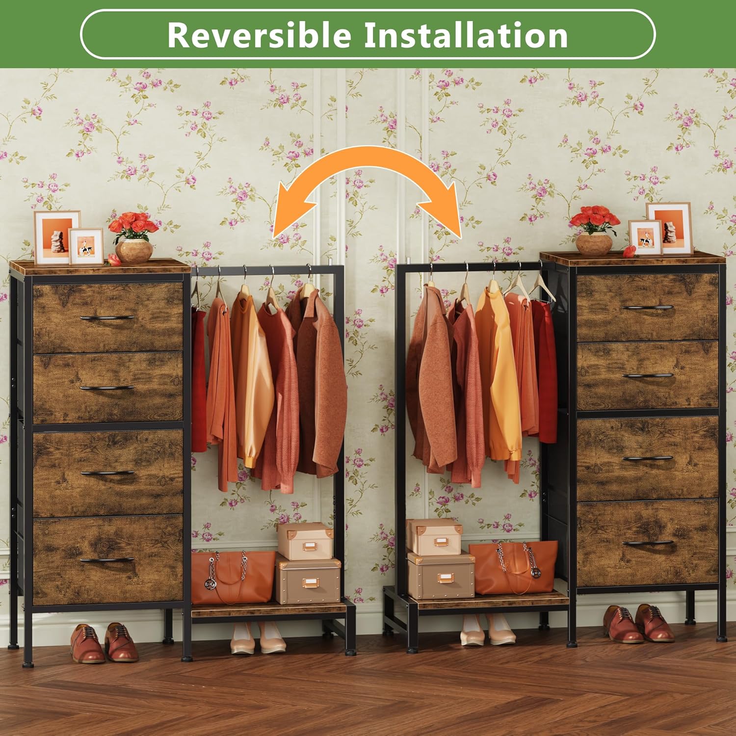 Dresser with Hanging Rack, 4 Drawers Small Closet for Bedroom, Reversible Fabric Kids Chest of Drawers with Clothes Rack, Tall Storage Tower, Sturdy Frame, Rustic Brown, 44''H - Image 7