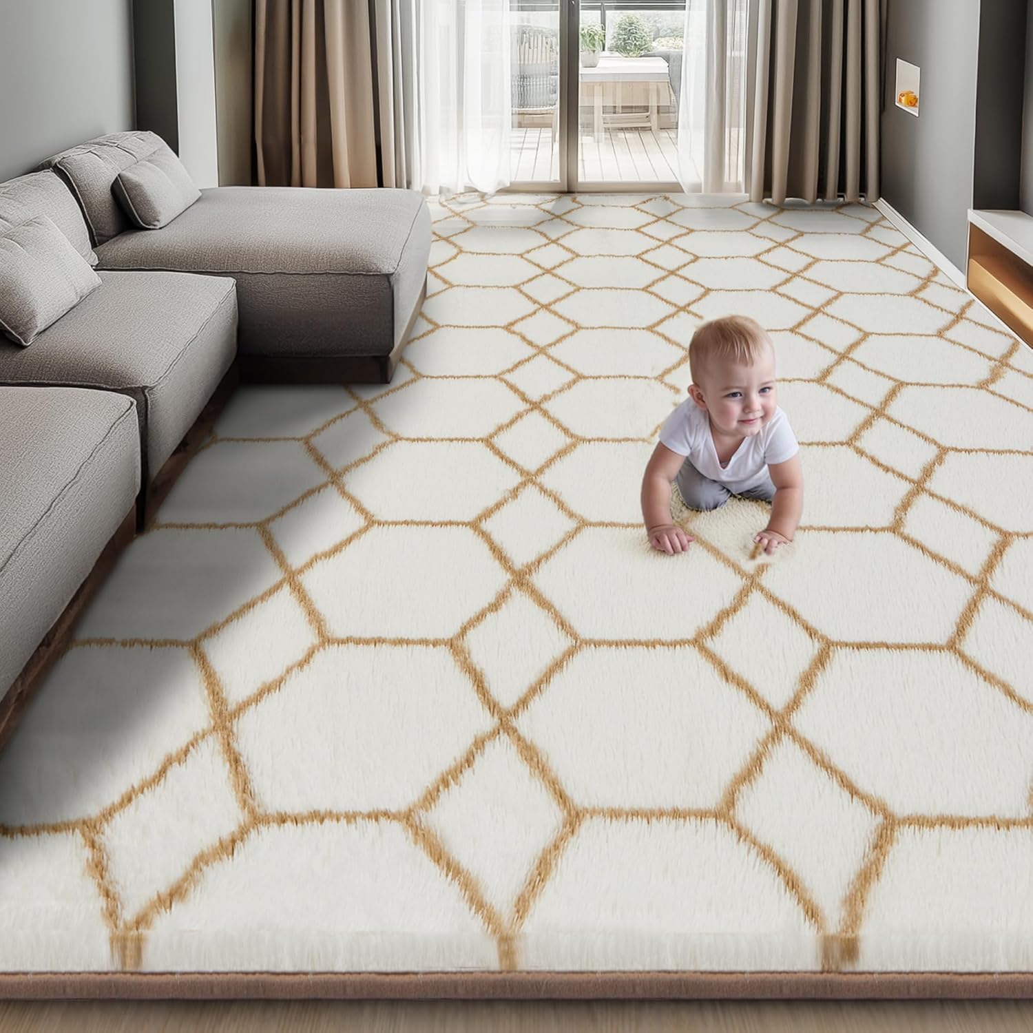 Area Rug for Living Room Bedroom, 4X6 Feet Soft Shaggy Rug, Plush Fluffy Rugs, Modern Moroccan Geometric Carpets, Anti-Skid Durable Carpet for Kids Dorm Nursery, Home Decor Aesthetic, White and Beige - Image 8