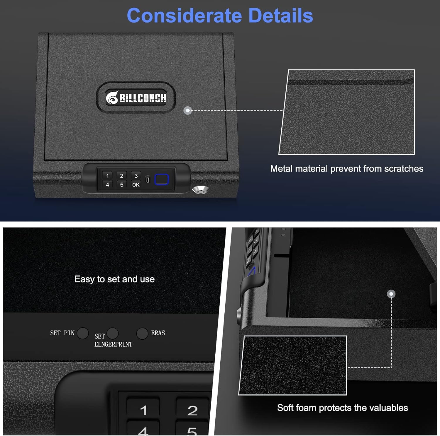 Biometric Gun Safe for Pistols 3-Ways unlock Fingerprint Digital PIN Key Unlock Handgun Safe with Sound, Lock box for Cloakroom living room Bedroom Nightstand and Car BILLCONCH - Image 4