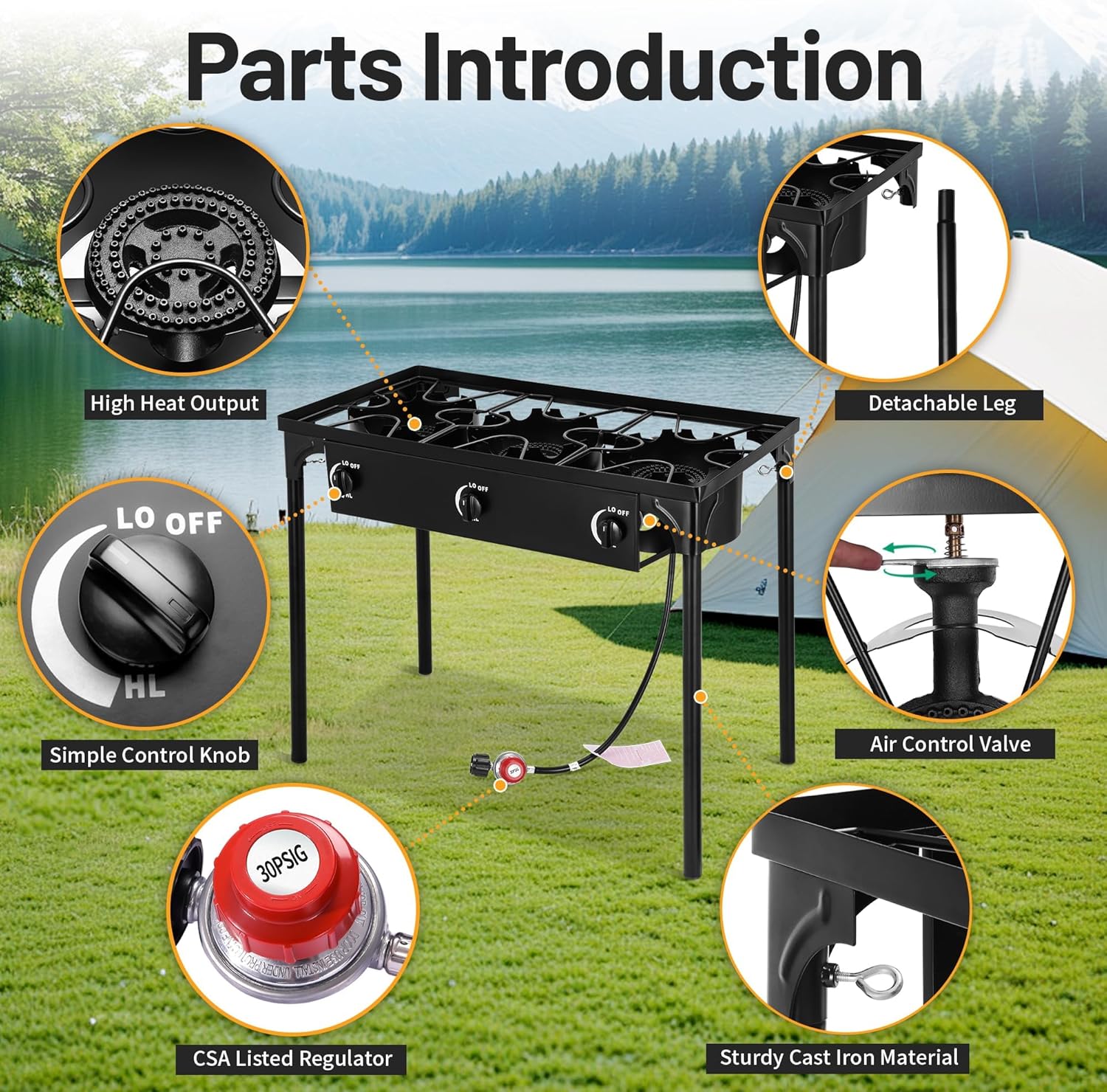Outdoor Camping Stove, 225000 BTU, High Pressure 3 Burner, Propane Gas Cooker with Detachable Legs, 30 PSI Regulator - Image 6