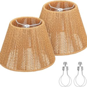 Small Rattan Lamp Shades Set of 2, Boho Lamp Shades for Table Lamps, 5.5" Top x 10" Bottom x 6.6" High, Wicker Lampshade Replacement for Bedroom, Hand Woven, Spider, Bulb Clip Adapters Included
