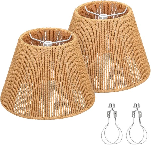 Small Rattan Lamp Shades Set of 2, Boho Lamp Shades for Table Lamps, 5.5" Top x 10" Bottom x 6.6" High, Wicker Lampshade Replacement for Bedroom, Hand Woven, Spider, Bulb Clip Adapters Included