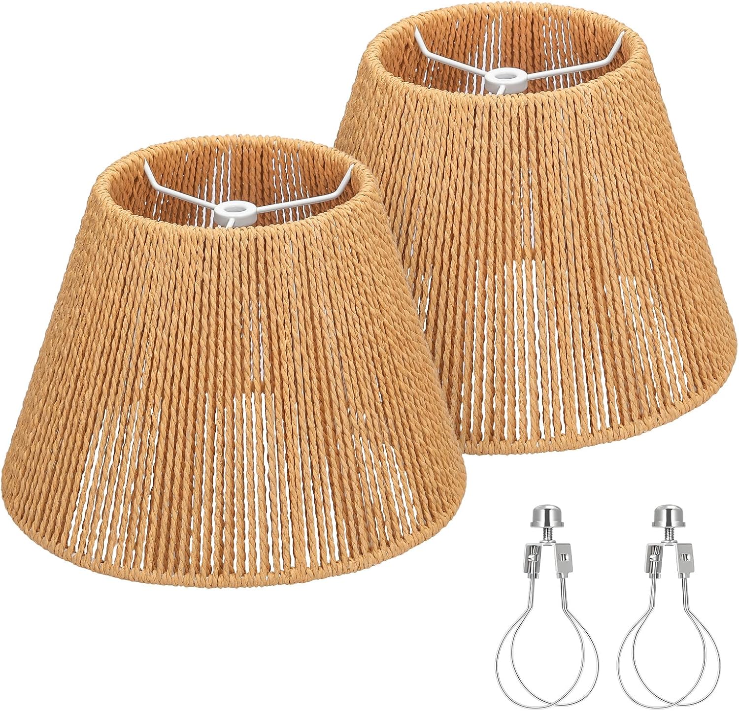 Small Rattan Lamp Shades Set of 2, Boho Lamp Shades for Table Lamps, 5.5" Top x 10" Bottom x 6.6" High, Wicker Lampshade Replacement for Bedroom, Hand Woven, Spider, Bulb Clip Adapters Included