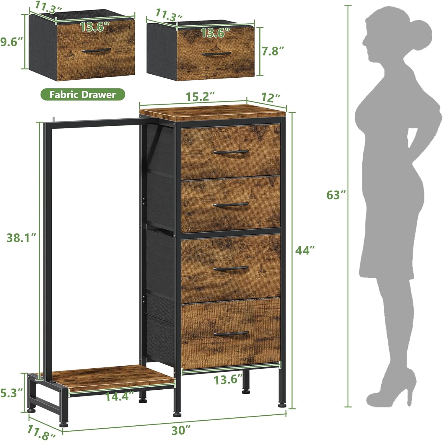 Dresser with Hanging Rack, 4 Drawers Small Closet for Bedroom, Reversible Fabric Kids Chest of Drawers with Clothes Rack, Tall Storage Tower, Sturdy Frame, Rustic Brown, 44''H - Image 3