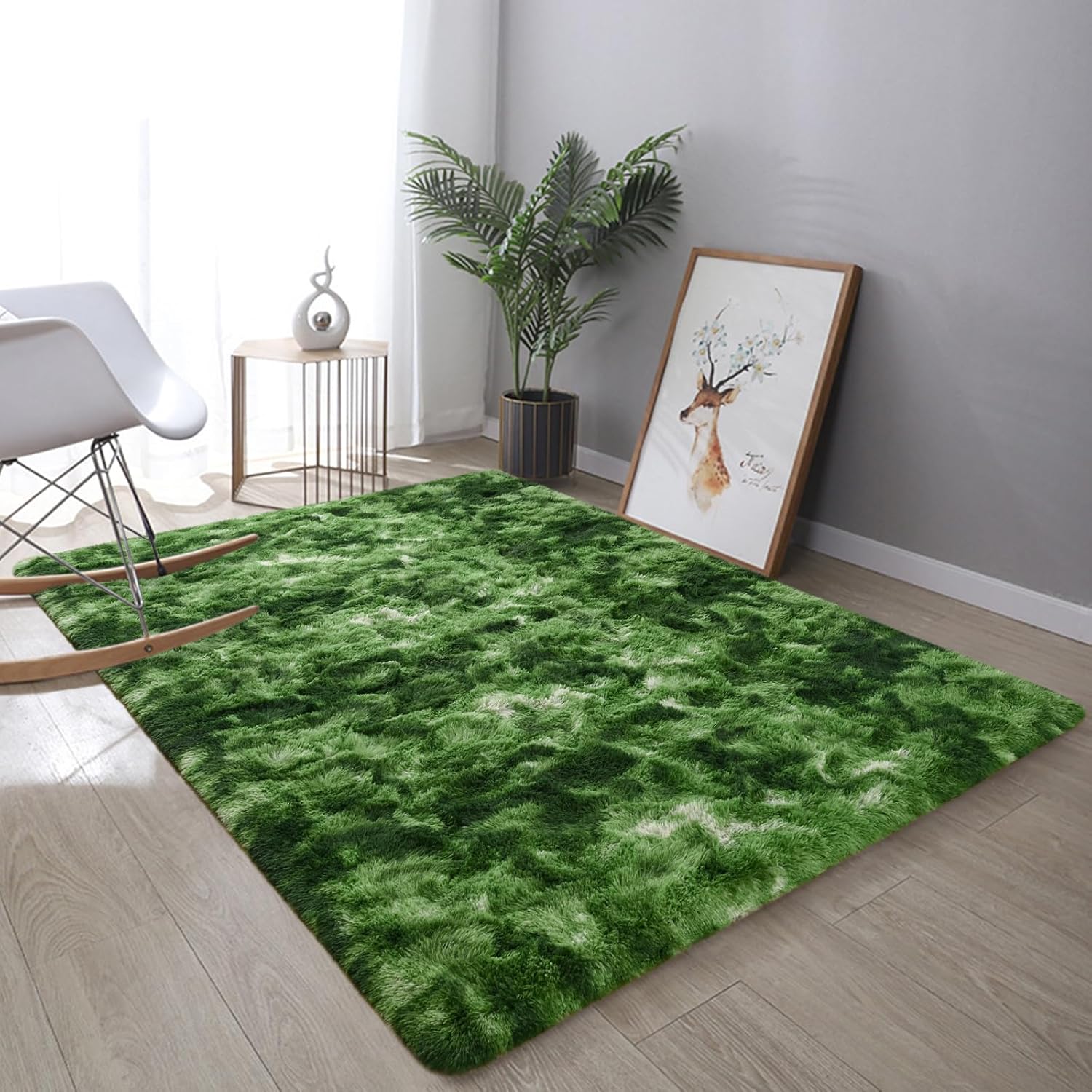 DweIke Fluffy Dark Green Rugs for Bedroom Living Room, 3x5 Feet Soft Plush Shaggy Tie-Dyed Forest Moss Green Girls Boys Kids Rug, Non-Slip and Machine Washable Carpet for Dorm Nursery Decor - Image 8